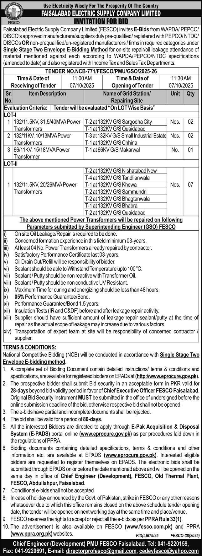 Faisalabad Electric Supply Company Tender Notice